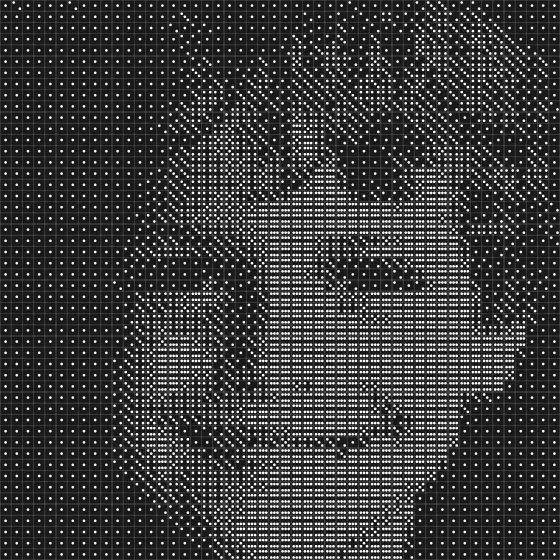 A boy's portrait as a 50×50 dice mosaic made with black dice only: dark and murky, the face hard to read
