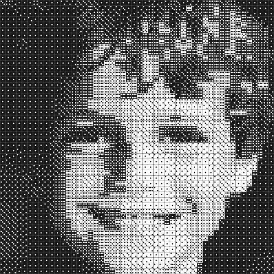 The same 50×50 portrait made with black and white dice: clear, with strong contrast between face and background