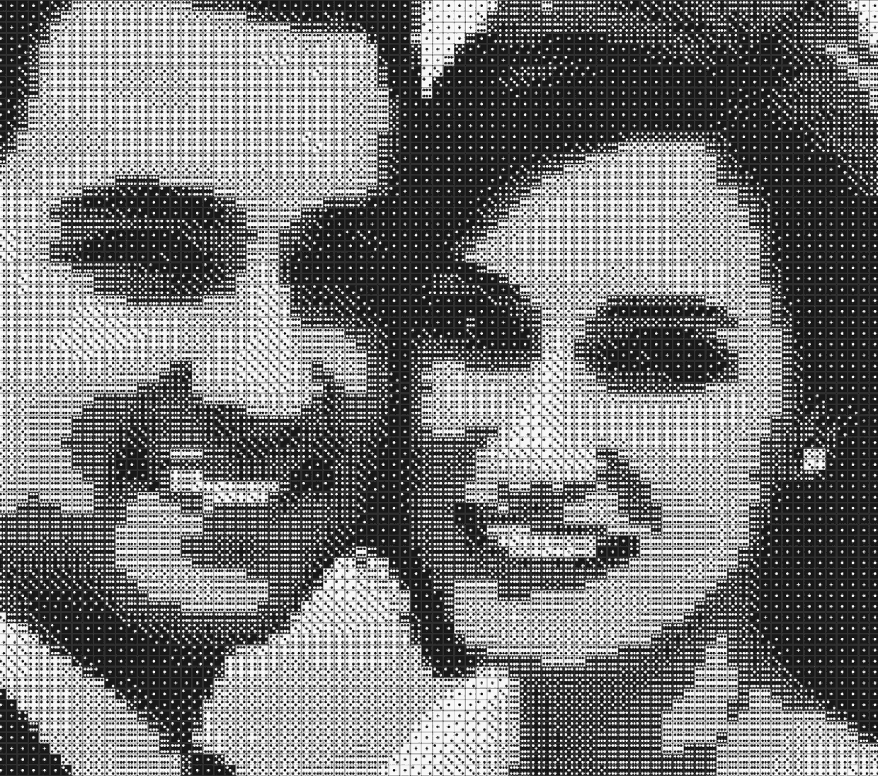 Portrait of a smiling couple turned into dice art, 81×71 grid digital preview